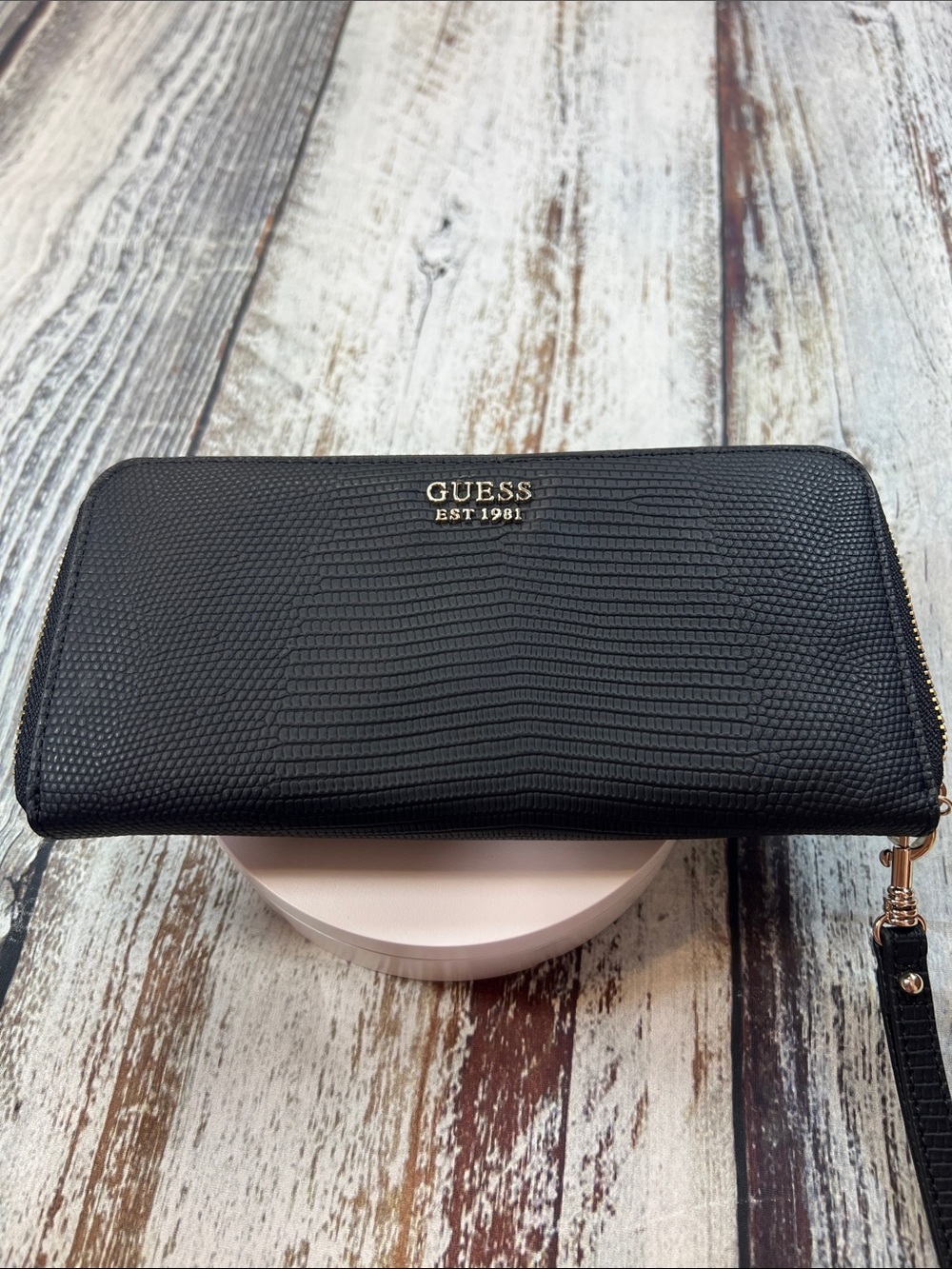 GUESS Black Reptile Embossed Zip Around Wallet Wristlet Gold Tone Hardware